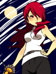 Rule 34 | 1girl, ai-wa, alternate costume, atlus, bad id, bad pixiv id, breasts, full moon, hair over one eye, kirijou mitsuru, long hair, moon, open mouth, persona, persona 3, red eyes, red hair, solo, weapon