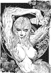 Rule 34 | 1girl, arms up, border, breasts, claws, completely nude, copyright request, eyelashes, fangs, feathers, flower, greyscale, hand up, harpy, highres, large breasts, lipstick, long hair, looking at viewer, makeup, mismatched sclera, monochrome, monster girl, navel, nude, pigeon666, smile, solo, white border