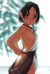 Rule 34 | 1girl, :&lt;, apron, arms behind back, ass, bare arms, bare shoulders, black hair, blurry, blurry background, blush, bob cut, breasts, butt crack, closed mouth, cowboy shot, from side, green eyes, hair strand, halterneck, highres, looking at viewer, looking to the side, matsunaga kouyou, naked apron, no bra, no panties, ocean, original, sarong, short hair, sideboob, sleeveless, small breasts, solo, tree