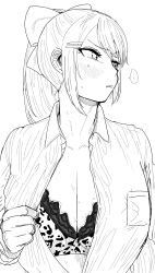 Rule 34 | ..., 1girl, absurdres, animal print, blush, bow, bra, breasts, cleavage, collared shirt, commentary, dress shirt, flashing, furrowed brow, greyscale, hair bow, hair ornament, hairclip, highres, higuchi kaede, kaiman garupan, lace, lace-trimmed bra, lace trim, large breasts, leopard print, long hair, looking away, mole, mole under eye, monochrome, nijisanji, open clothes, open shirt, parted lips, ponytail, print bra, scowl, shirt, simple background, solo, spoken ellipsis, sweat, underwear, upper body, virtual youtuber, white background, wing collar