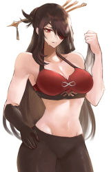 Rule 34 | 1girl, adapted costume, bare shoulders, beidou (genshin impact), breasts, brown hair, cleavage, colored eyepatch, eyepatch, genshin impact, gloves, hair ornament, hair over one eye, hair stick, hairpin, hand on own hip, highres, holding, holding towel, large breasts, long hair, navel, pants, red eyes, red tank top, revision, single glove, solo, sports bra, sweat, swept bangs, tank top, tommy (kingdukeee), toned, towel, white background, yoga pants