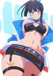 Rule 34 | 1girl, bare shoulders, black hair, black skirt, black sports bra, blue eyes, blue jacket, blush, breasts, cleavage, gridman universe, gridman universe (film), hair ribbon, halterneck, hara (harayutaka), highres, jacket, leg tattoo, long hair, long sleeves, looking at viewer, medium breasts, miniskirt, multicolored clothes, multicolored jacket, navel, off shoulder, pencil skirt, ponytail, ribbon, skirt, solo, sports bra, ssss.gridman, takarada rikka, takarada rikka (solarain toys), tattoo, thick thighs, thigh strap, thighs, two-tone jacket, white jacket, wide hips