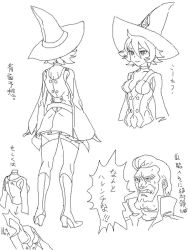 Rule 34 | 10s, 1boy, 1girl, belt, boots, breasts, unworn cape, character request, character sheet, choker, cleavage, clothing cutout, cosmic bear, detached sleeves, detail, greyscale, hat, how to, lineart, little witch academia, messy hair, monochrome, navel, navel cutout, pleated skirt, shiny chariot, short hair, skirt, smile, thighhighs, translation request, wide sleeves, witch hat
