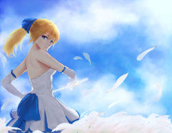 Rule 34 | absurdres, artoria pendragon (all), artoria pendragon (fate), bare back, blue eyes, blue ribbon, blue sky, cloud, day, dress, elbow gloves, fate/stay night, fate (series), field, flower, flower field, gloves, hair between eyes, hair ribbon, highres, looking at viewer, official alternate costume, official alternate hairstyle, petals, ponytail, ribbon, saber (fate), saber (pure night dress) (fate), shoulder blades, sky, solo, strapless, strapless dress, weapon