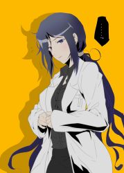 Rule 34 | 1girl, absurdres, bibi (coffe), black skirt, blue eyes, blue hair, blush, chaos;child, closed mouth, ears visible through hair, hairband, highres, kunosato mio, lab coat, light blush, long hair, looking at viewer, nervous, aged up, simple background, skirt, solo, yellow background