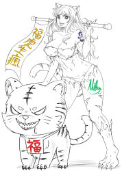 Rule 34 | 1girl, animal ears, cat ears, cat tail, chinese text, chinese zodiac, highres, lineart, mifenami, nami (one piece), one piece, sharp teeth, shoulder tattoo, tail, tattoo, teeth, tiger, tiger tail, torn clothes, year of the tiger