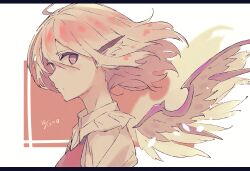 Rule 34 | 1girl, animal ears, bird ears, bird wings, blush, closed mouth, collared shirt, commentary, dated, detached wings, dress, from side, highres, letterboxed, looking at viewer, mystia lorelei, no headwear, o (crazyoton46), pink eyes, pink hair, portrait, red dress, shirt, short hair, sideways glance, signature, simple background, solo, touhou, white shirt, wings