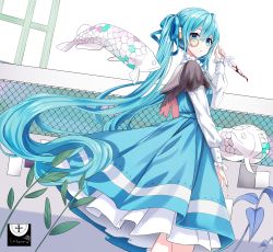 Rule 34 | 1girl, absurdres, aqua eyes, aqua hair, arowana, bleeding, blood, bloody weapon, blue dress, blue hair, blue ribbon, capelet, chain-link fence, cross, dress, dutch angle, feet out of frame, fence, fish, flying fish, from side, hair ribbon, hand up, hatsune miku, highres, holding, holding knife, ille (xcpa7325), injury, knife, long hair, long sleeves, looking to the side, monocle, plant, puffy long sleeves, puffy sleeves, ribbon, sailor collar, solo, torn clothes, twintails, very long hair, vocaloid, weapon