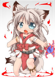 Rule 34 | 1girl, animal ears, belt, blue eyes, chibi, fang, fire, fire, fox ears, fox tail, highres, kuroneko liger, long hair, midriff, navel, open mouth, original, outstretched arms, sash, shirt, side ponytail, silver hair, skirt, solo, tail, two side up