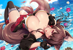 Rule 34 | 1girl, akagi (azur lane), animal ears, artist name, azur lane, black gloves, black thighhighs, blush, breasts, brown hair, cleavage, commentary, day, exlic, flower, fox ears, fox tail, gloves, japanese clothes, large breasts, long hair, looking at viewer, lying, multiple tails, on back, outdoors, pink flower, red eyes, red skirt, skirt, smile, tail, thighhighs, water, white flower, wide sleeves