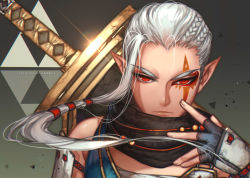 1girl braid facial_mark female_focus fingerless_gloves gloves grey_hair huge_weapon hyrule_warriors impa kawacy long_hair nintendo pointy_ears red_eyes scarf sleeveless solo sword tattoo the_legend_of_zelda weapon