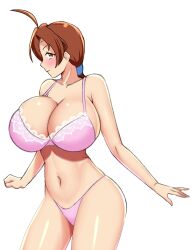 Rule 34 | 1girl, alternate breast size, ass, bare legs, bra, breasts, brown eyes, brown hair, cleavage, covered navel, creatures (company), curvy, delia ketchum, game freak, highleg, highleg panties, highres, large breasts, long hair, looking at viewer, low ponytail, mangakay84, mature female, micro panties, nintendo, panties, pink bra, pink panties, pokemon, pokemon (anime), pokemon (classic anime), ponytail, shiny skin, simple background, skindentation, smile, solo, standing, swimsuit, thighs, thong, underwear, underwear only, white background, wide hips