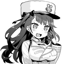 Rule 34 | 1girl, :3, azur lane, bow, breasts, cleavage, collarbone, collared shirt, fang, gloves, greyscale, hair bow, hat, hori (hori no su), large breasts, long hair, long sleeves, looking away, monochrome, open mouth, pamiat merkuria (azur lane), shirt, smug, solo, twintails, upper body
