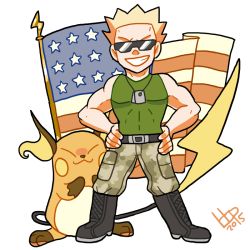 Rule 34 | 1boy, american flag, artist request, blonde hair, boots, camouflage, creatures (company), dog tags, game freak, gen 1 pokemon, hands on own hips, male focus, muscular, muscular male, nintendo, pokemon, pokemon (creature), pokemon hgss, raichu, source request, spiked hair, sunglasses, surge (pokemon), transparent background