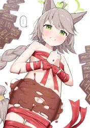 Rule 34 | ..., 1girl, ahoge, animal ears, blue archive, blush, bound, bound wrists, braid, braided ponytail, candy, chocolate, chocolate bar, chocolate on body, commentary request, cowboy shot, female pubic hair, flat chest, food, food on body, fox ears, from below, green eyes, green halo, grey hair, halo, highres, ikisugi shokudou, long hair, looking at viewer, looking down, naked ribbon, otogi (blue archive), pubic hair, red ribbon, ribbon, solo, sparse pubic hair, spoken ellipsis, sweatdrop, v-shaped eyebrows, valentine, variant set, wrapped up