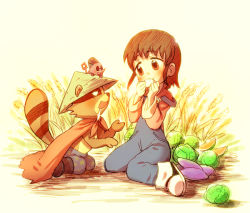 Rule 34 | 1girl, agukaru, brown eyes, cabbage, cape, drooling, hat, kaisui, mole, nature, raccoon, straw hat, wheat