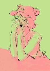 Rule 34 | 1girl, 339 (300yenmade), alternate costume, animal ear headwear, animal ears, baseball cap, blush, closed eyes, elbows on table, facing ahead, fake animal ears, fang, green background, covering own mouth, hands up, hat, highres, interlocked fingers, limited palette, mode aim, open mouth, own hands together, pink nails, ponpoko (vtuber), raccoon ears, short hair, short sleeves, signature, simple background, smile, solo, upper body, virtual youtuber