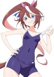 Rule 34 | 1girl, animal ears, bare shoulders, blue eyes, blue one-piece swimsuit, bow, breasts, brown hair, commentary request, competition school swimsuit, competition swimsuit, cowboy shot, ear ornament, grin, hair between eyes, hand on own hip, highres, horse ears, horse girl, horse tail, kamuraaa 615, long hair, looking at viewer, one-piece swimsuit, pink bow, ponytail, school swimsuit, simple background, small breasts, smile, solo, strap pull, swimsuit, tail, tokai teio (umamusume), tracen swimsuit, umamusume, v-shaped eyebrows, white background