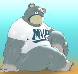 Rule 34 | animal crossing, bandaid, bandaid on face, bara, bear, curt (animal crossing), fat, fat man, furry, furry male, kira nerisu, looking at viewer, male focus, nintendo, no eyebrows, no pants, on floor, shirt, sitting, solo, surprised, thick thighs, thighs, villager (animal crossing), white shirt