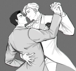 Rule 34 | 2boys, ao isami, couple, dancing, eye contact, facial hair, formal, from side, greyscale, highres, holding hands, husband and husband, interlocked fingers, lewis smith, looking at another, male focus, miwanhachi, monochrome, multiple boys, sideburns stubble, smile, stubble, suit, thick eyebrows, yaoi, yuuki bakuhatsu bang bravern