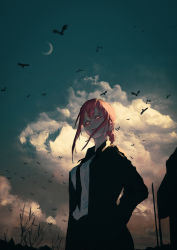 Rule 34 | 1girl, absurdres, bird, black jacket, braid, braided ponytail, business suit, chainsaw man, closed mouth, cloud, crescent moon, formal, highres, jacket, long hair, looking at viewer, makima (chainsaw man), moon, necktie, neg (101neg), outdoors, pink eyes, pink hair, ringed eyes, scenery, shirt, sidelocks, sky, solo, suit, white shirt