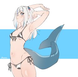 Rule 34 | 1girl, animal print, armpits, arms up, bikini, blue background, blue eyes, blue hair, breasts, closed mouth, cow print, cowboy shot, fins, fish tail, front-tie bikini top, front-tie top, gawr gura, grey hair, highres, hololive, hololive english, long hair, looking at viewer, multicolored hair, navel, shark tail, side-tie bikini bottom, small breasts, solo, streaked hair, swimsuit, tail, tilt-shift (azalanz), two-tone background, virtual youtuber, white background