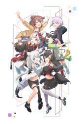 Rule 34 | 6+girls, absurdres, animal ear fluff, animal ears, black hair, black hoodie, black legwear, black sleeves, blue eyes, bone hair ornament, braid, brown hair, cat ears, cat girl, cat tail, closed eyes, collar, detached sleeves, dog ears, dog girl, dog tail, fox ears, fox girl, fox tail, geta, green eyes, hair between eyes, hair ornament, hat, highres, hilamaru, holding hands, hololive, hood, hoodie, horns, inugami korone, inugami korone (1st costume), jacket, japanese clothes, kimono, long hair, looking at viewer, mask, mask on head, megaphone, multicolored hair, multiple girls, nakiri ayame, nakiri ayame (1st costume), navel, nekomata okayu, nekomata okayu (1st costume), one eye closed, oni mask, ookami mio, ookami mio (1st costume), oozora subaru, oozora subaru (1st costume), open clothes, open jacket, open mouth, outstretched arms, peaked cap, purple eyes, purple hair, red eyes, red hair, red legwear, shirakami fubuki, shirakami fubuki (1st costume), short hair, short shorts, shorts, sidelocks, simple background, single braid, single thighhigh, skin-covered horns, tail, thigh strap, thighhighs, twin braids, two-tone hair, v, virtual youtuber, white background, white hair, white legwear, white sleeves, wolf ears, wolf girl, wolf tail, yellow eyes, yellow jacket