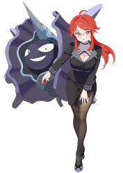 Rule 34 | 1girl, absurdres, ahoge, baozi 9527, black jacket, black skirt, blush, breasts, cleavage, cleavage cutout, closed mouth, clothing cutout, cloyster, commentary request, creatures (company), formal, game freak, gen 1 pokemon, glasses, grey footwear, highres, holding, holding poke ball, jacket, large breasts, long hair, long sleeves, looking at viewer, lorelei (pokemon), nintendo, orange hair, pantyhose, poke ball, poke ball (basic), pokemon, pokemon (creature), pokemon lgpe, ponytail, red eyes, red hair, shoes, sidelocks, skirt, smile, swept bangs, white background
