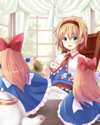 Rule 34 | 1girl, alice margatroid, blonde hair, blue dress, blue eyes, blush, capelet, chair, cup, curtains, doll, dress, hair ribbon, hairband, indoors, long hair, long sleeves, necktie, noa (nagareboshi), open mouth, outstretched arms, phonograph, ribbon, sash, shanghai doll, short hair, sitting, smile, teacup, teapot, touhou, window