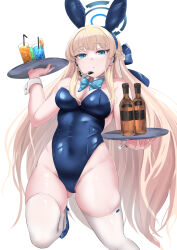 Rule 34 | 1girl, absurdres, animal ears, beer bottle, blonde hair, blue archive, blue bow, blue bowtie, blue eyes, blue halo, blue leotard, bow, bowtie, breasts, butter curry, cleavage, closed mouth, commentary, cuff links, cup, drink, drinking glass, drinking straw, fake animal ears, gluteal fold, halo, headset, highleg, highleg leotard, highres, holding, holding tray, knee up, large breasts, leotard, long hair, looking at viewer, medium breasts, multiple girls, playboy bunny, rabbit ears, sidelocks, simple background, solo, standing, standing on one leg, strapless, strapless leotard, thighhighs, toki (blue archive), toki (bunny) (blue archive), tray, tsurime, very long hair, white background, white thighhighs, wrist cuffs