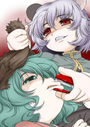 Rule 34 | 2girls, abuse, animal ears, aqua eyes, aqua hair, bad id, bad pixiv id, bullying, capelet, clenched teeth, clothes grab, crying, empty eyes, evil smile, female focus, grabbing another&#039;s ear, gradient background, grey hair, hair between eyes, hand on another&#039;s ear, harukaze unipo, kasodani kyouko, multiple girls, nazrin, red bcakground, red eyes, shaded face, smile, stapler, tears, teeth, touhou, unipo