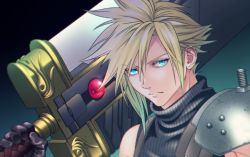 Rule 34 | 1boy, armor, asymmetrical hair, black gloves, blonde hair, blue eyes, blue shirt, buster sword, cloud strife, crisis core final fantasy vii, earrings, final fantasy, final fantasy vii, gloves, gradient background, hair between eyes, jewelry, ko102k1, looking at viewer, materia, over shoulder, protected link, shirt, short hair, shoulder armor, single earring, sleeveless, sleeveless turtleneck, solo, spiked hair, square enix, suspenders, turtleneck, upper body, weapon, weapon over shoulder