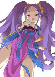 Rule 34 | 1girl, absurdres, dutch angle, fate/grand order, fate (series), forehead, from below, half-closed eyes, hand up, highres, legs apart, long hair, looking at viewer, parted lips, pelvic curtain, purple eyes, purple hair, sidelocks, simple background, smile, solo, standing, thighs, twintails, very long hair, white background, wide sleeves, wu zetian (fate), wu zetian (first ascension) (fate), yamamoto souichirou