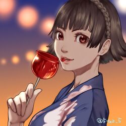 Rule 34 | 1girl, 5tatsu, blunt bangs, blurry, blurry background, braid, breasts, brown hair, caramel, crown braid, eating, floral print, highres, japanese clothes, kimono, lips, looking at viewer, medium breasts, niijima makoto, parted lips, persona, persona 5, red eyes, short hair, solo, twitter username, upper body