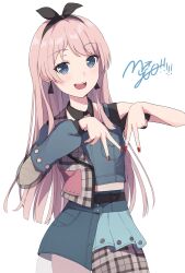Rule 34 | 1girl, absurdres, asymmetrical sleeves, bang dream!, bang dream! it&#039;s mygo!!!!!, belt, black belt, black hairband, blue eyes, blue jacket, blue skirt, blush, chihaya anon, commentary, copyright name, cowboy shot, cropped jacket, double v, earrings, hairband, highres, jacket, jewelry, lavirince, long hair, long sleeves, looking at viewer, midriff peek, nail polish, open mouth, pink hair, red nails, simple background, skirt, smile, solo, teeth, upper teeth only, v, white background