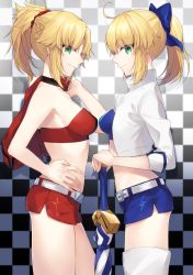 Rule 34 | 2girls, ahoge, artoria pendragon (all), artoria pendragon (fate), bare shoulders, blonde hair, bow, breasts, checkered background, closed umbrella, excalibur (fate/stay night), fate/apocrypha, fate/grand order, fate/stay night, fate (series), green eyes, hair bow, highres, kan&#039;yu (citron 82), long hair, looking at viewer, medium breasts, mordred (fate), mordred (fate/apocrypha), multiple girls, parted lips, ponytail, profile, race queen, saber (fate), short shorts, shorts, smile, standing, umbrella