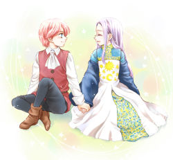 Rule 34 | 10s, 1boy, 1girl, blue eyes, blush, boots, couple, dress, closed eyes, gilthunder, holding hands, happy, hetero, long hair, looking at another, margaret liones, nanatsu no taizai, open mouth, pants, pesu, purple hair, red hair, shirt, short hair, sitting, smile, spoilers, aged down