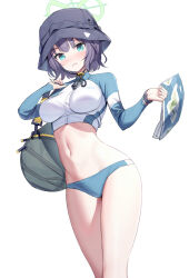 Rule 34 | 1girl, aqua eyes, bag, bikini, bikini bottom only, black hat, blue archive, blue bikini, blue eyes, blue jacket, blush, breasts, bucket hat, commentary, cropped jacket, duffel bag, grey hair, groin, halo, hat, highres, holding, holding map, jacket, large breasts, long sleeves, looking at viewer, map, multicolored clothes, multicolored jacket, navel, official alternate costume, parted lips, purple hair, raglan sleeves, rash guard, ririko (zhuoyandesailaer), saki (blue archive), saki (swimsuit) (blue archive), short hair, sidelocks, simple background, solo, standing, stomach, swimsuit, thighs, two-tone jacket, white background, white jacket