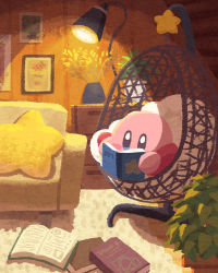 Rule 34 | book, carpet, couch, highres, kirby, kirby (series), lamp, leaf, light rays, miclot, nintendo, pillow, plant, portrait (object), potted plant, reading, shelf, sitting, star (symbol), wooden floor, wooden wall