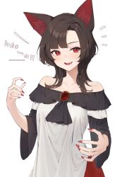 Rule 34 | 1girl, alternate hairstyle, animal ear fluff, animal ears, brooch, brown hair, collarbone, dress, fingernails, highres, imaizumi kagerou, jewelry, kanpa (campagne 9), long hair, long sleeves, looking at viewer, nail polish, open mouth, red dress, red eyes, red nails, simple background, solo, touhou, upper body, white background, white dress, wolf ears