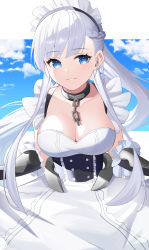 Rule 34 | 1girl, absurdres, apron, azur lane, bad id, bad pixiv id, belfast (azur lane), belfast (iridescent rosa) (azur lane), blue sky, braid, breasts, broken, broken chain, chain, cleavage, cloud, cloudy sky, collar, corset, cowboy shot, dress, elbow gloves, french braid, frilled apron, frills, gauntlets, gloves, highres, huge filesize, large breasts, long hair, low neckline, maid, maid apron, maid headdress, outdoors, ryuya, silver hair, sky, solo, white apron, white gloves