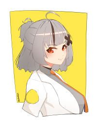 Rule 34 | 1girl, absurdres, ahoge, alternate hair length, alternate hairstyle, bimbombash, black hair, blush, border, breasts, collared shirt, from side, grey shirt, highres, indonesian commentary, jacket, lab coat, large breasts, multicolored hair, necktie, nijisanji, nijisanji id, orange necktie, red eyes, shirt, short hair, smile, solo, streaked hair, twitter username, virtual youtuber, white border, white jacket, xia ekavira, yellow background