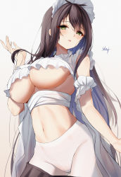 Rule 34 | 1girl, absurdres, arm up, azur lane, black hair, breasts, chinese commentary, cowboy shot, green eyes, highres, indomitable (azur lane), indomitable (ms. motivationless maid) (azur lane), large breasts, long hair, looking at viewer, maid, maid headdress, navel, official alternate costume, open mouth, pantyhose, revision, sidelocks, signature, simple background, solo, standing, stomach, underboob, unique (pixiv12704744), very long hair, white background, white pantyhose