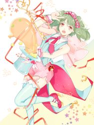Rule 34 | 1girl, \m/, arm up, bare shoulders, bow, breasts, coattails, fang, garter straps, green hair, hairband, hat, high heels, highres, macross, macross frontier, macross frontier: sayonara no tsubasa, necktie, open mouth, ranka lee, red eyes, short hair, short shorts, shorts, small breasts, solo, thighhighs, top hat, wrist cuffs, ying weiyu