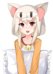 Rule 34 | 1girl, :d, absurdres, animal ear fluff, animal ears, animal hood, bad id, bad pixiv id, bell, blush, brown hair, cat ears, cat hood, collarbone, commentary request, fate/kaleid liner prisma illya, fate (series), frilled pillow, frills, hair between eyes, head tilt, highres, hood, hood up, illyasviel von einzbern, jingle bell, long hair, long sleeves, natsu (sinker8c), neco-arc, open mouth, pillow, raglan sleeves, red eyes, round teeth, shirt, sidelocks, simple background, smile, solo, teeth, upper teeth only, white background, white shirt