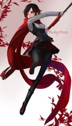 Rule 34 | 1girl, black footwear, black hair, black pantyhose, boots, cape, character name, cross-laced clothes, english text, gradient hair, grey eyes, highres, long sleeves, looking away, modare, multicolored hair, pantyhose, petals, red cape, red hair, rose petals, ruby rose, rwby, scythe, short hair, solo, two-tone hair