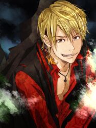 Rule 34 | 1boy, blonde hair, brown hair, buttons, collarbone, from above, garo:the one who shines in the darkness, garo (series), grin, hair between eyes, hair ornament, highres, jakuzure takeru, jewelry, long sleeves, looking at viewer, looking up, necklace, open clothes, red shirt, shirt, smile, solo, tokusatsu, tora (pppartymon)