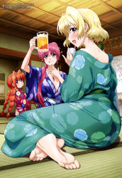 Rule 34 | :q, absurdres, ahoge, alcohol, ass, barefoot, beer, blue eyes, blush, braid, breasts, choko (cup), cleavage, cup, drinking glass, drunk, feet, hashidate kana, highres, indoors, japanese clothes, kimono, long hair, looking at viewer, lyrical nanoha, mahou shoujo lyrical nanoha, mahou shoujo lyrical nanoha a&#039;s, medium breasts, megami magazine, multiple girls, no bra, official art, open clothes, open mouth, open shirt, orange hair, pink hair, ponytail, red hair, shamal, signum, sitting, soles, tatami, toes, tongue, tongue out, twin braids, vita (nanoha), yukata