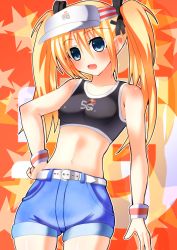 Rule 34 | 1girl, alternate costume, blonde hair, blue eyes, blush, breasts, cowboy shot, dead or alive, dead or alive 5, hair ribbon, hand on own hip, highres, long hair, marie rose, midriff, navel, nishisan (mikurosu), ribbon, shorts, small breasts, solo, sports bra, twintails, visor cap, wristband