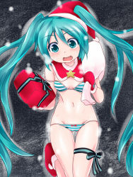 Rule 34 | 1girl, aqua eyes, aqua hair, bad id, bad pixiv id, bra, christmas, gift, gloves, groin, hat, hatsune miku, long hair, navel, open mouth, orebelt, panties, project diva (series), project diva 2nd, sack, santa hat, solo, strap slip, striped bra, striped clothes, striped panties, thigh gap, twintails, underwear, underwear only, very long hair, vocaloid